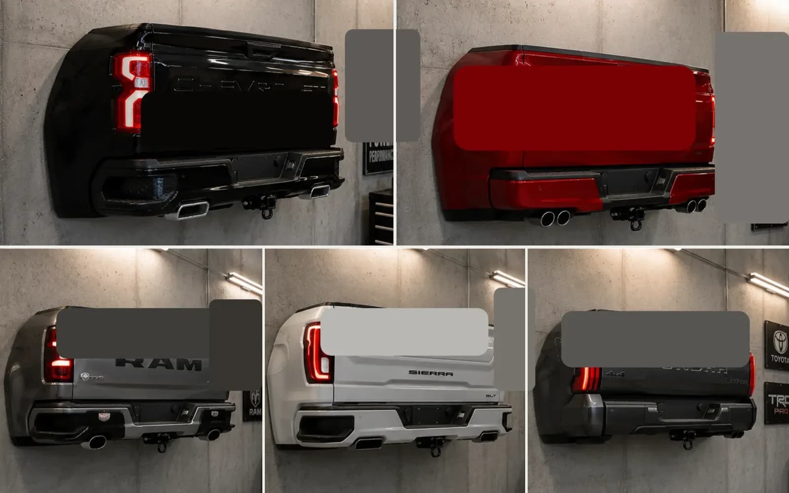 Five Rearform automotive wall sculpture editions mounted in a modern garage